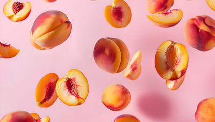 Wall Mural - Cut and whole fresh ripe peaches falling on pink background