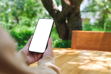 Mockup image of a woman holding mobile phone with blank white desktop screen in the outdoors