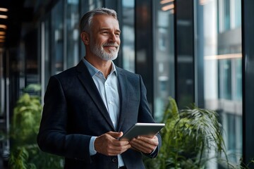 Confident Middle Aged Business Executive Wearing Suit Using Digital Tablet in Office