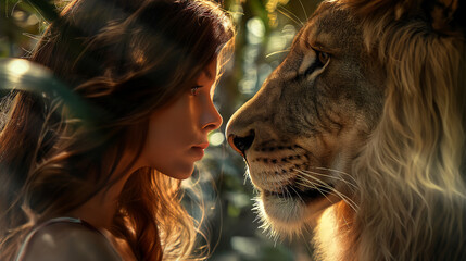 A woman with long brown hair faces a majestic lion in a close-up, emphasizing their intense gaze and the concept of trust between human and nature.