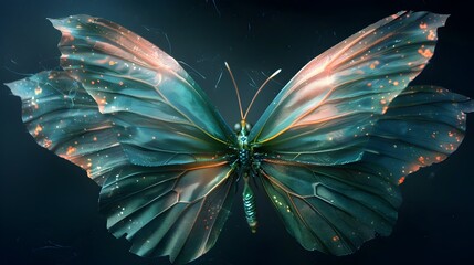 Wall Mural - Ethereal Teal and Pink Butterfly Wings with Glowing Patterns Against Black Background