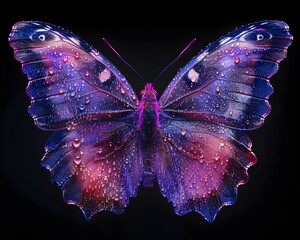 Sticker - Mesmerizing Neon Butterfly Wings Shimmering on Contrast Black Background