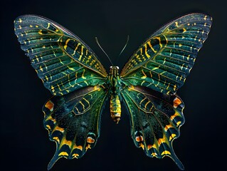 Wall Mural - Captivating Neon Butterfly Wings Showcasing Intricate Patterns on Black Background