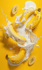 Wall Mural - Bananas splashing in milk against a vibrant yellow background.