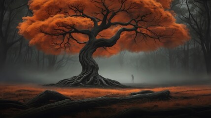 Wall Mural - Orange leaves tree in mystical landscape forest, mist is all around and land is foggy