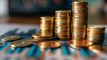 Stack of coins with graph of business growth,  increase profits from estate investment and doing business.