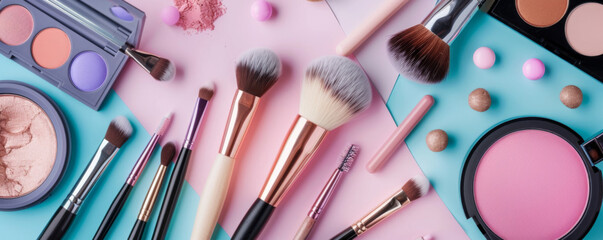 Colorful Makeup Brushes and Cosmetics Flat Lay