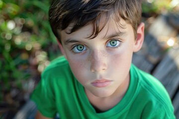 Green T Shirt. Young Caucasian Boy with Serious Expression Looking Natural at Camera