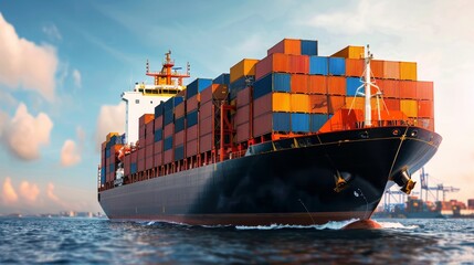 Wall Mural - Cargo ships being loaded with allocated freight, transportation and allocation of goods, copy space, focus on all objects, deep depth of field.