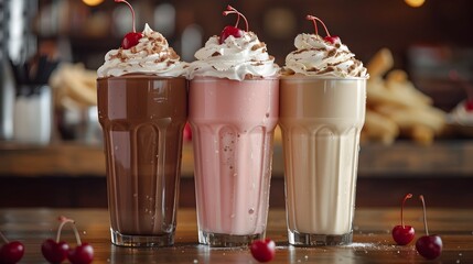 Wall Mural - A Trio of Creamy Milkshakes with Whipped Cream and Cherries in a Retro Diner Setting