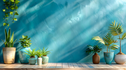 Wall Mural - Mock up blue wall with decoration and plants on cabinet wooden. 3d rendering