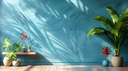 Sticker - Mock up blue wall with decoration and plants on cabinet wooden. 3d rendering