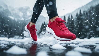 Person running through snowy terrain in bright red athletic shoes on a winter day