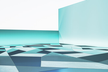 Poster - New white and blue geometric gallery interior with mock up place on wall. Exhibition and art concept. 3D Rendering.