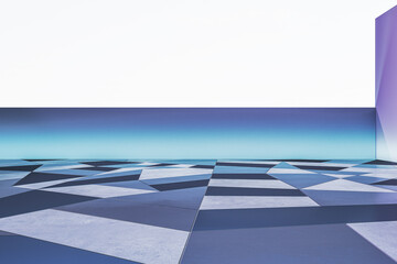 Aufkleber - Simple white and blue geometric gallery interior with mock up place on wall. Exhibition and art concept. 3D Rendering.