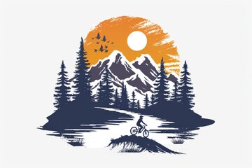 Abstract Nature mountains forest silhouette and bike racer logo vector illustration on white background