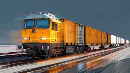 Wall Mural - Freight train sketch with cargo in transport, copy space, focused on all objects, deep depth of field.