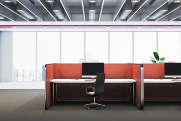 Poster - Clean red coworking interior with partitions and panoramic windows with city view. 3D Rendering.