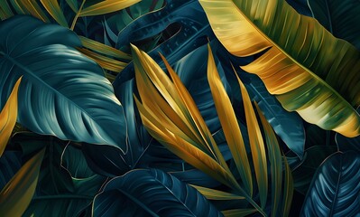 A vibrant and colourful abstract illustration of tropical leaves in various shades,