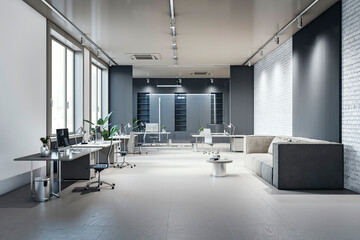 Poster - Bright designer coworking office interior with panoramic windows and city view. 3D Rendering.