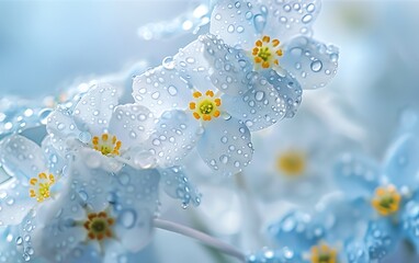 Beautiful white and blue flowers background with delicate petals and a yellow center  