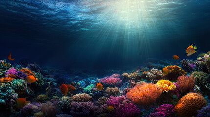 A colorful coral reef with a variety of fish swimming around. The sunlight is shining through the water, creating a beautiful and peaceful scene