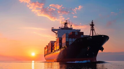 Wall Mural - Cargo ship silhouette at sunset, deep depth of field, copy space, covers all objects.