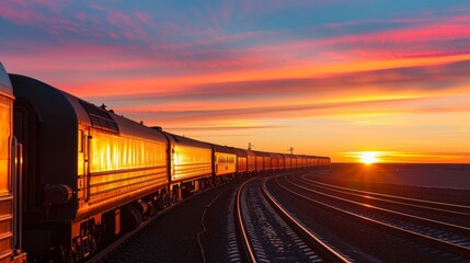 Wall Mural - Cargo train silhouette at dawn with copy space, focus on objects, deep depth of field.