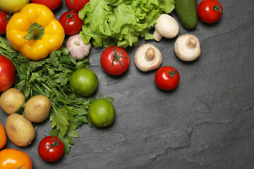 Wall Mural - Healthy vegetarian food. Different vegetables, mushrooms and lime on dark textured table, flat lay. Space for text