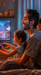 Canvas Print - A joyful scene of a family playing video games together in a cozy living room.