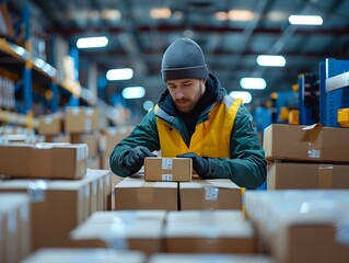 Poster - Diligent Postal Worker Sorting Parcels in Busy Logistics Facility Highlighting Efficient Warehouse Organization