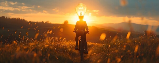 Sticker - Cyclist with Illuminating Head Riding Through Scenic Countryside at Dusk