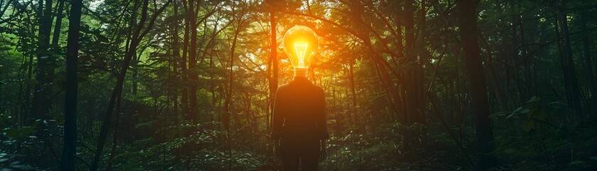Poster - Light Bulb Headed Figure Hiking Through Dense Forest Illuminating the Shadows