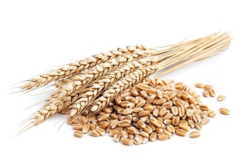 Golden wheat stalks and grains isolated on white background.