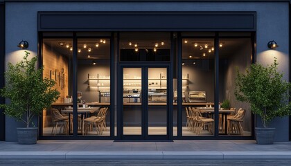 cozy café with warm lighting and wooden furniture on a quiet street in the evening