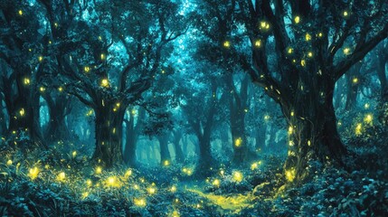 A mystical forest where the trees have glowing, bioluminescent leaves, and mythical creatures can be seen wandering between the trunks