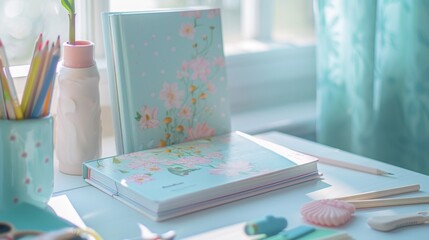 Cute children's books are placed on a white table, surrounded by pastel-colored stationery.