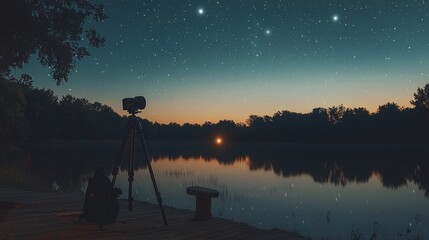 Wall Mural - Camera on Tripod at Lake Under a Starry Sky.
