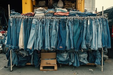 Sticker - A pile of blue jeans are hanging on a rack. The jeans are of various sizes and styles