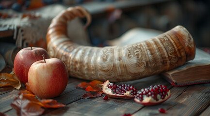 Wall Mural - Fresh beets and pomegranates with a horn on the table, created with Generative AI technology.