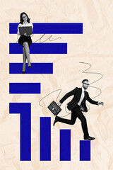 Sticker - Creative trend collage of two businesspeople working process blue lines office entrepreneurs bizarre unusual fantasy billboard