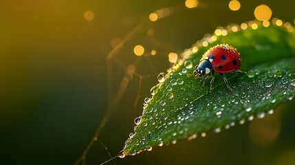 Poster - ladybug on a leaf, with dew drops and a spider web --ar 16:9 --v 6.1 Job ID: b4a82455-9cf2-429f-a775-bd3acede54f0