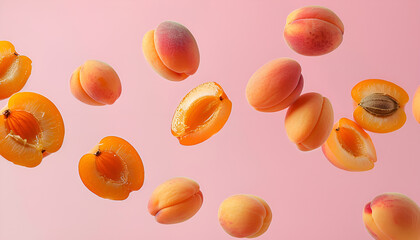 Wall Mural - Cut and whole fresh ripe apricots falling on pink background