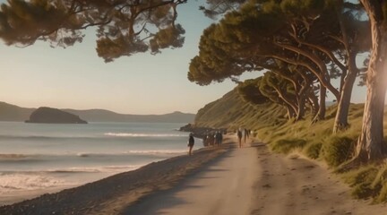 Wall Mural - A couple biking together along a coastal path.
