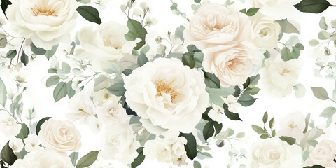 Poster - Classic white roses and peonies with hints of soft blush and airy, green foliage, seamless pattern