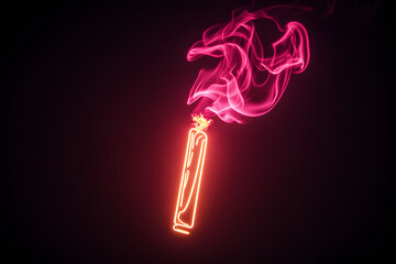 Neon outline of burning cigarette with smoke isolated on black background.