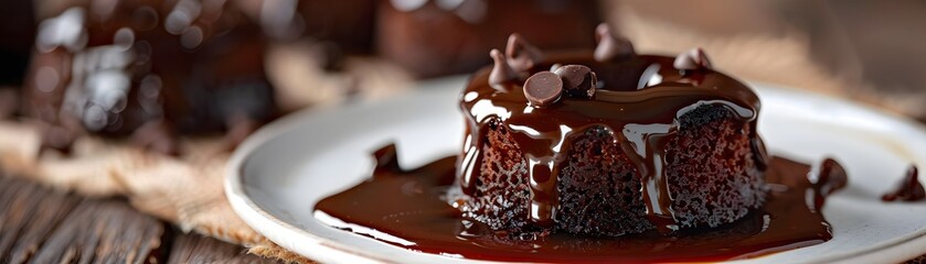 Warm Gooey Chocolate Lava Cake with Molten Center Drizzled in Chocolate Sauce on White Plate