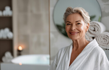 Wall Mural - A mature woman with gray hair smiling warmly standing on bathroom background. Concept of aging gracefully, confidence and skincare