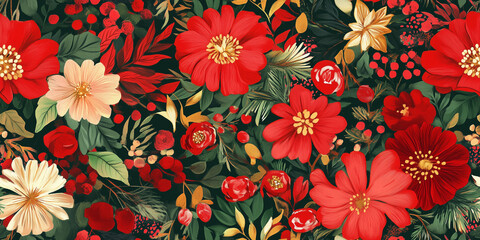 Radiant mix of red, green, and gold florals with bright, festive embellishments and cheerful energy, seamless pattern