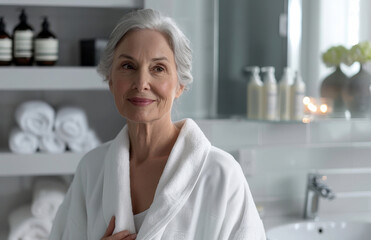 Wall Mural - A mature woman with gray hair smiling warmly standing on bathroom background. Concept of aging gracefully, confidence and skincare